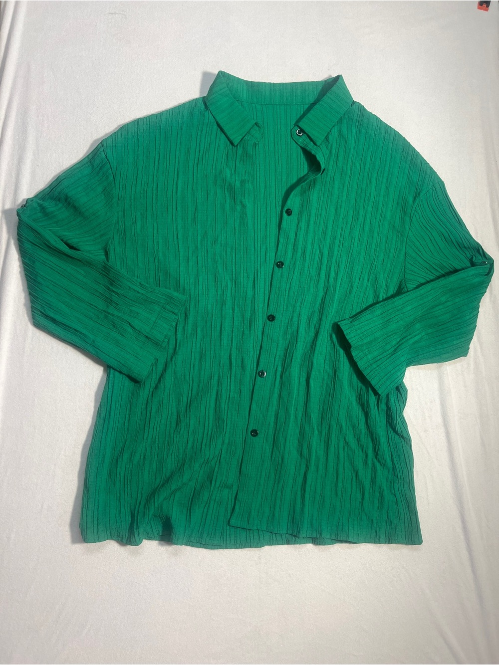 Shein Curve Kelly Green Plissé Button Down Blouse Size 1XL